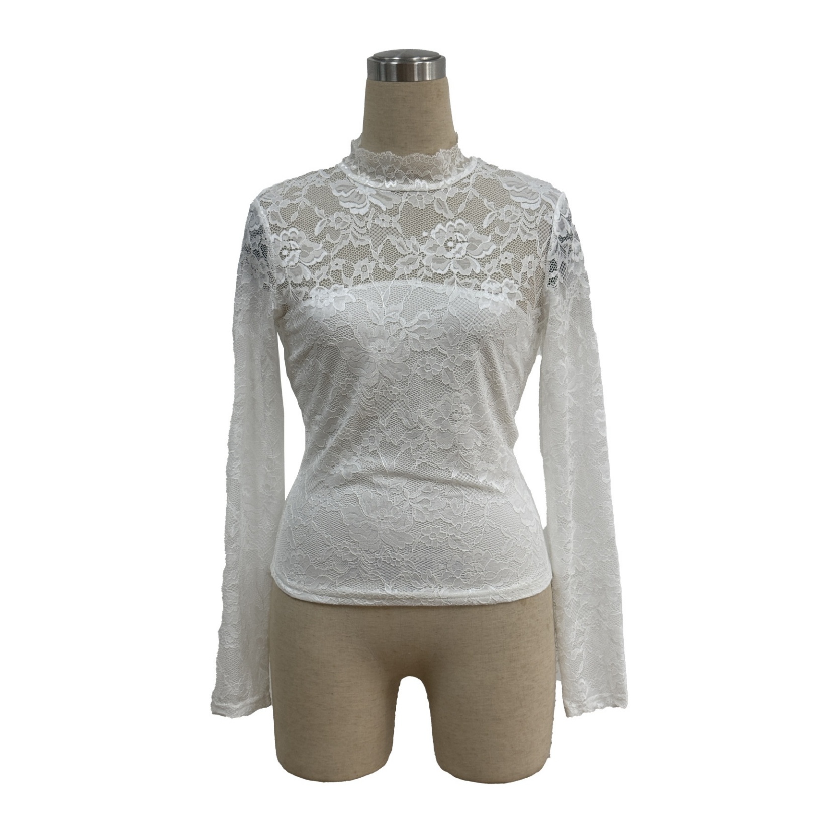 Womens Floral Lace Top Sexy See-Through Shirt Female O Neck Basic Blouse